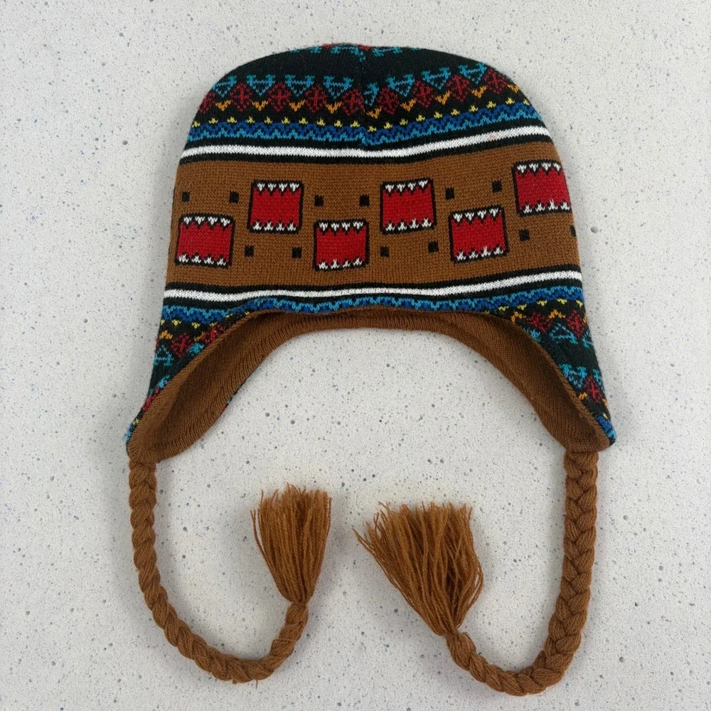 DOMO KUN Brown Knit Trapper Beanie with Braids and Aztec Pattern Y2K Rare‎